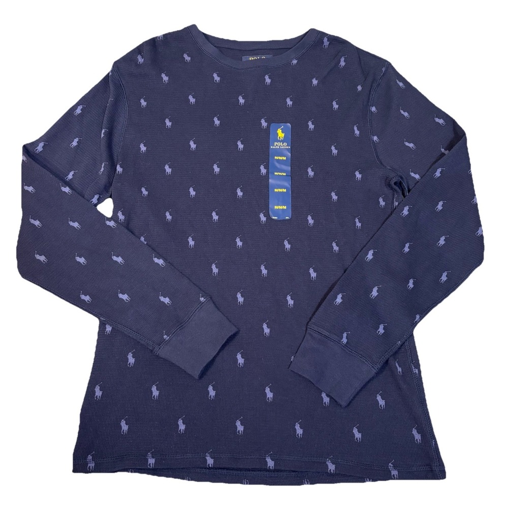 NWT. Polo Ralph‎ Lauren Men's Navy Blue AOP Pony Waffle Knit Thermal T-Shirt M
